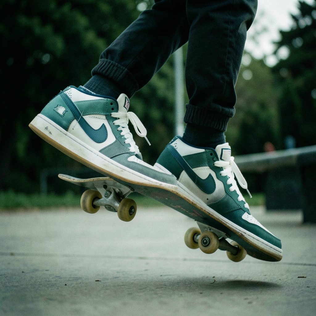 uabat Vans collaboration sneakers with subtle branding, casual street style, photographed flat on concrete