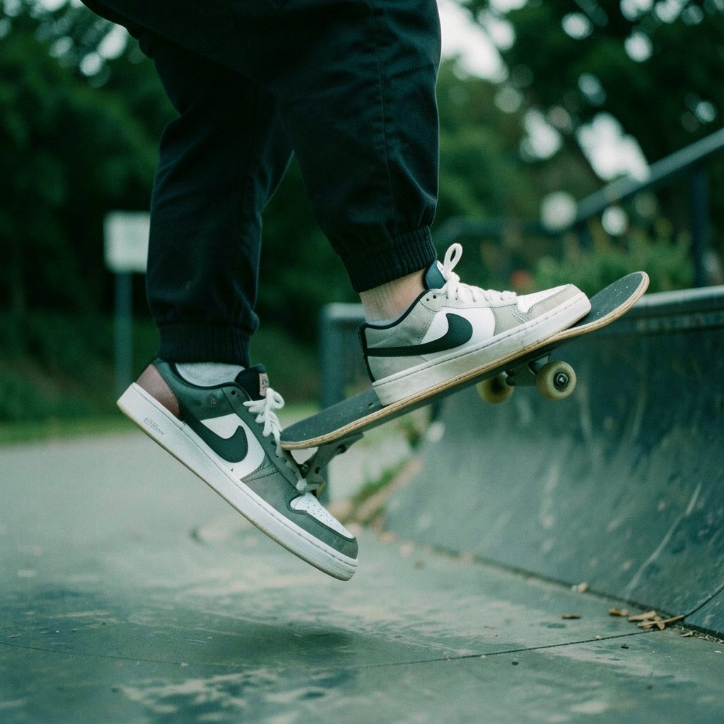 Dark-toned luxury sneaker with matte finish and bold sculpted sole, captured from a low angle.